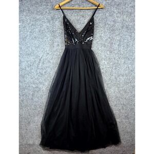 Blashe Maxi Dress Womens Small Black Sequin Dark Fairy Whimsy Goth Plunge Neck